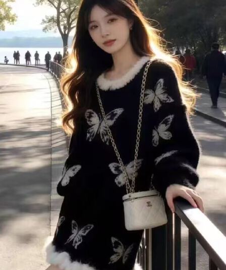 작은 키 가을 겨울 부드러운 바람 세트 여성 고급 센스 나비 매듭 연령 감소 슬림해 보이는 니트 스웨터 미니 스커트 투피스 세트