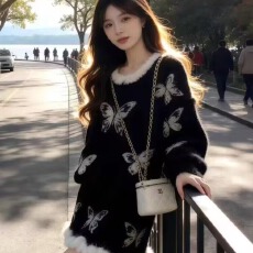 批发小个子秋冬温柔风套装女高级感蝴蝶结减龄显瘦针织毛衣短裙两件套