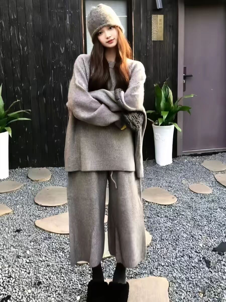 한 부서 느긋한 바람 니트 스웨터 와이드 레그 팬츠 세트 여성 2025 가을 겨울 새로운 빅 사이즈 지방 mm 패션 투피스 세트