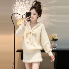 批发小个子秋冬温柔风套装女蝴蝶结<b class='q'>甜美</b>减龄超好看针织毛衣短裙两件套