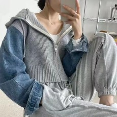 批发<b class='q'>韩国</b>INS设计感撞色针织拼接<b class='q'>牛仔</b>连帽长袖<b class='q'>外套</b>