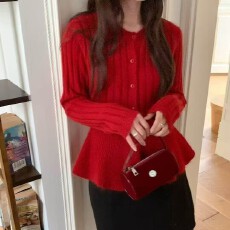 批发韩国INS风温柔荷叶边<b class='q'>兔毛</b><b class='q'>毛衣</b>收腰显瘦红色开衫圆领通勤上衣