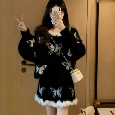 批发黑色慵懒风针织套装女秋<b class='q'>冬</b>季蝴蝶结收腰显瘦两件套