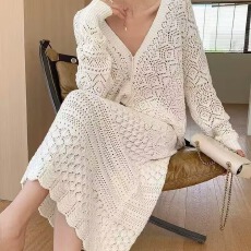 批发酒窝时尚两件套装女2026春秋镂空针织上衣<b class='q'>开衫</b>半身裙长裙