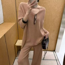 批发新款慵懒<b class='q'>风</b>V领针织华夫格短袖T恤+宽松显瘦阔腿裤两件套