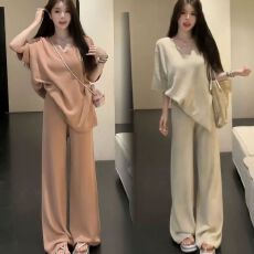 批发HuiHui新款慵懒阔腿裤套装小众宽松休闲<b class='q'>风</b>短袖<b class='q'>韩</b>系套装