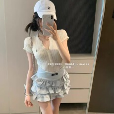 批发刺绣单排扣V领修身短袖<b class='q'>针织</b>衫春季2026年新款肌理纹弹性上衣