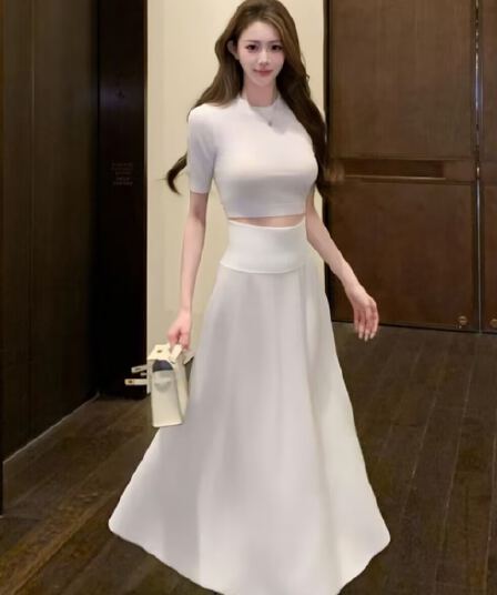 긴팔 u 칼라 짧은 맨위 몸매 가꾸기 하이웨이스트 대 치마 반신 치마 세트