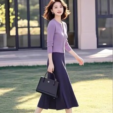 批发紫色针织套装女款2026春季新款气质<b class='q'>韩版</b>高端<b class='q'>开衫</b>上衣半身裙两件套