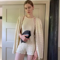 批发休闲套装慵懒百搭长袖开衫外套挂脖无袖<b class='q'>上衣</b>女秋季镂空短裤三件套