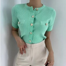 批发韩国chic夏季法式小香风圆领别致纽扣修身百搭<b class='q'>短</b>袖针织开衫<b class='q'>外套女</b>