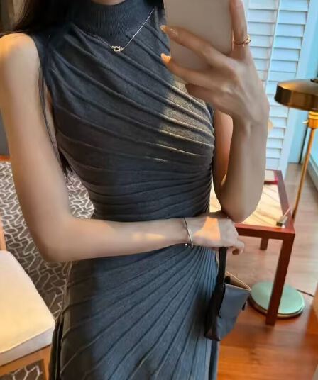 프랑스식 회색 불규칙 민소매 조끼 원피스 여성 의류 여름 고급 센스 품격 허리 수축 몸매 가꾸기 길다 치마