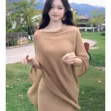 批发法式慵懒感复古卡其色针织连衣裙外搭披肩温柔气质收腰长裙2026春