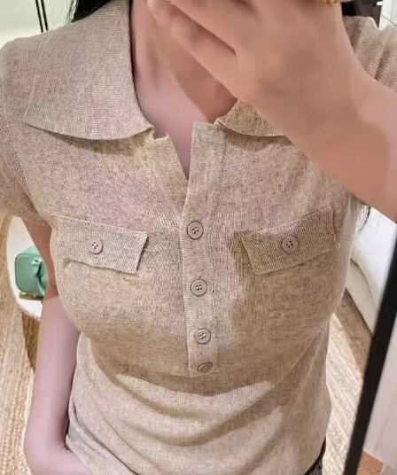 아마 레트로 V넥 몸매 가꾸기 POLO 칼라 셔츠 여름 반팔 니트 티셔츠