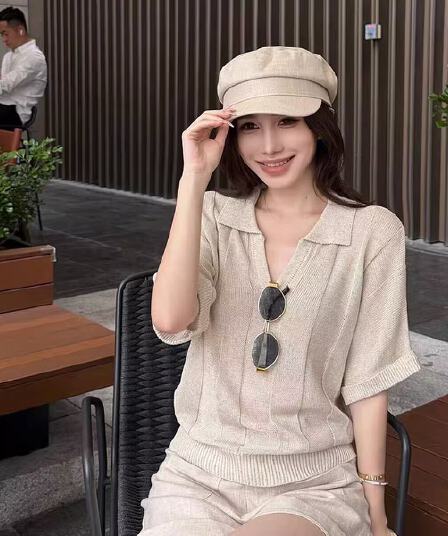 오래된 돈 바람 아마 V넥 니트 반팔 여성 여름 통기성 루즈핏 슬림해 보이는 맨위