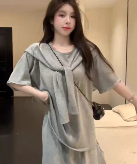 huihui 새로운 느긋한 바람 루즈핏 반팔 맨위 가져 가라. 반신 스커트 세 조각 세트