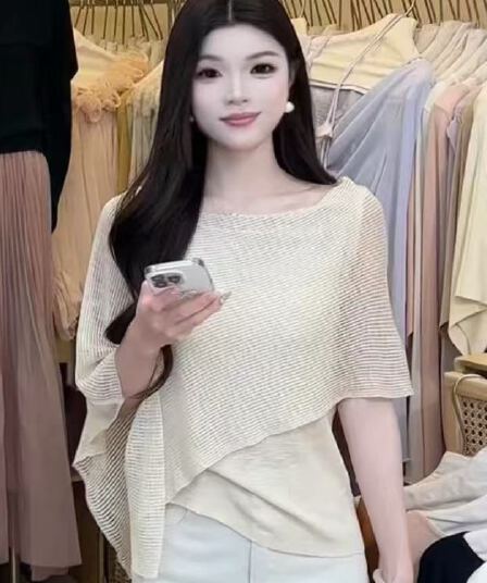 디자인 센스 불규칙 망토 숄 태양 보호 셔츠 여성 여름 루즈핏 느긋한 얇은 스타일 니트 스웨터