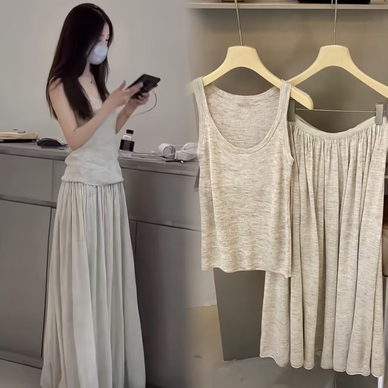 열세 개 2026 봄 여름 새로운 아마 조끼 반신 치마 세트 한 부서 슬림해 보이는 품격 다용도 투피스 세트