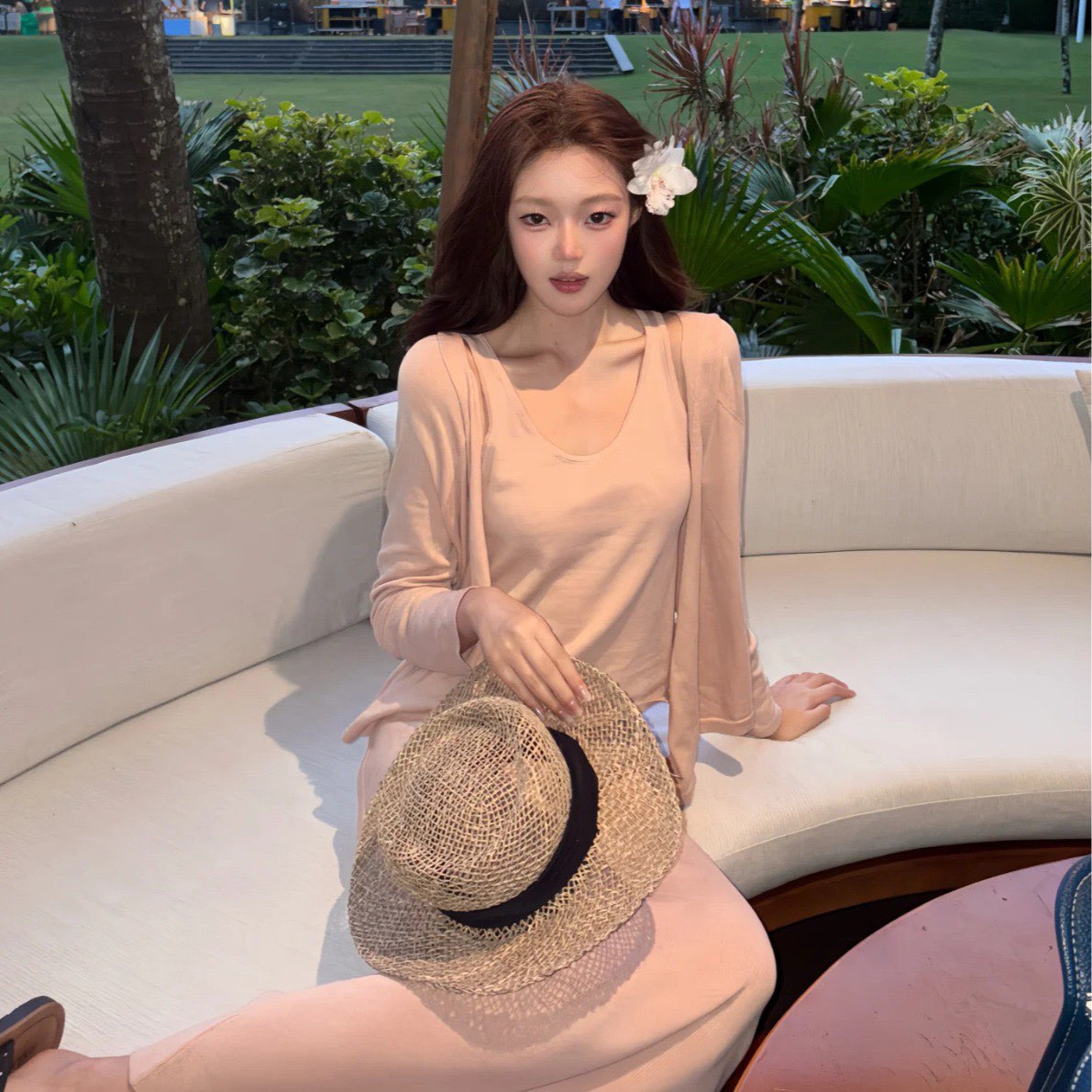 im ~까지 느슨함 고급 주간 실크 아마 얇고 가벼운 캐주얼 느긋한 오픈 가디건 조끼 반 스커트 루즈핏 3종 세트