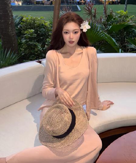 im ~까지 느슨함 고급 주간 실크 아마 얇고 가벼운 캐주얼 느긋한 오픈 가디건 조끼 반 스커트 루즈핏 3종 세트
