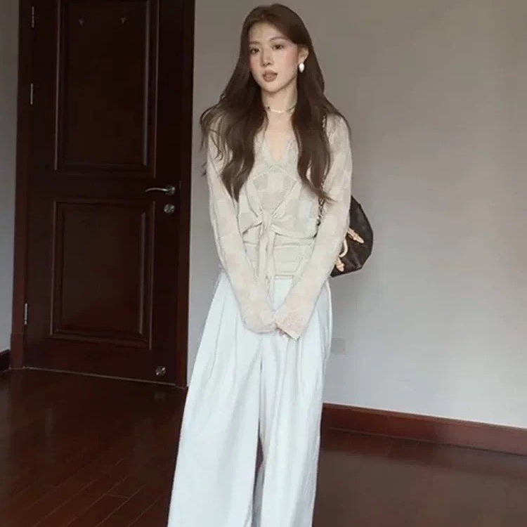 부드러운 바람 V넥 행침 목 조끼 외부 가져 가라. 자외선 차단 오픈 가디건 루즈핏 넓은 다리 캐주얼 바지 여름 출퇴근 세 조각 여성 세트