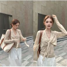 批发夏季新款韩系<b class='q'>棋盘</b><b class='q'>格</b>薄款防晒针织开衫V领吊带老钱风两件套