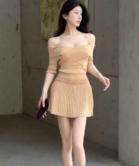 여름 작은 흰색 꽃 니트 세트 여성 봄 여름 오프숄더 맨위 플리츠 스커트 투피스 세트
