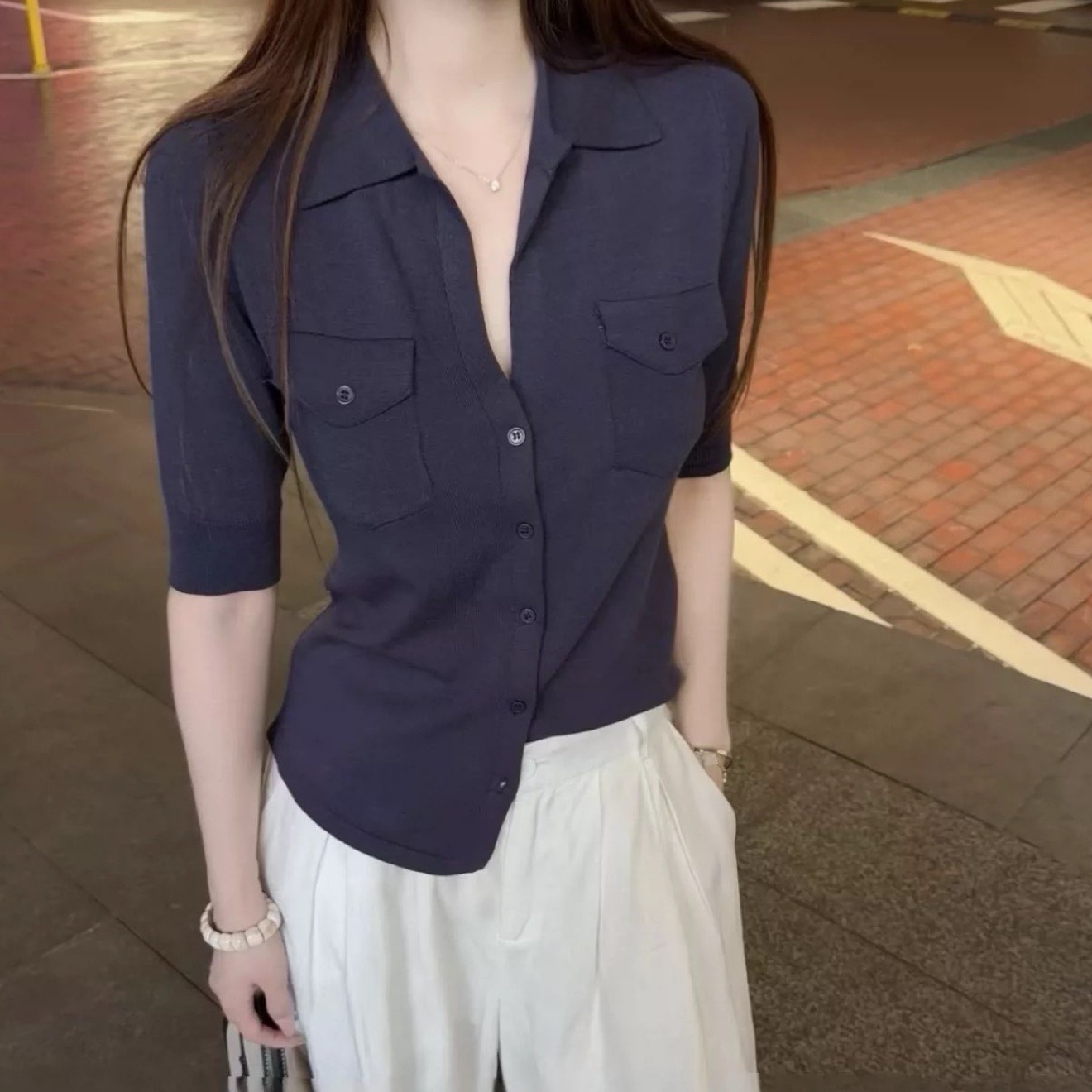 오래된 돈 바람 블루 색상 아마 반팔 여성 셔츠 여름 다용도 허리 수축 몸매 가꾸기 품격 고급 센스 출퇴근 맨위
