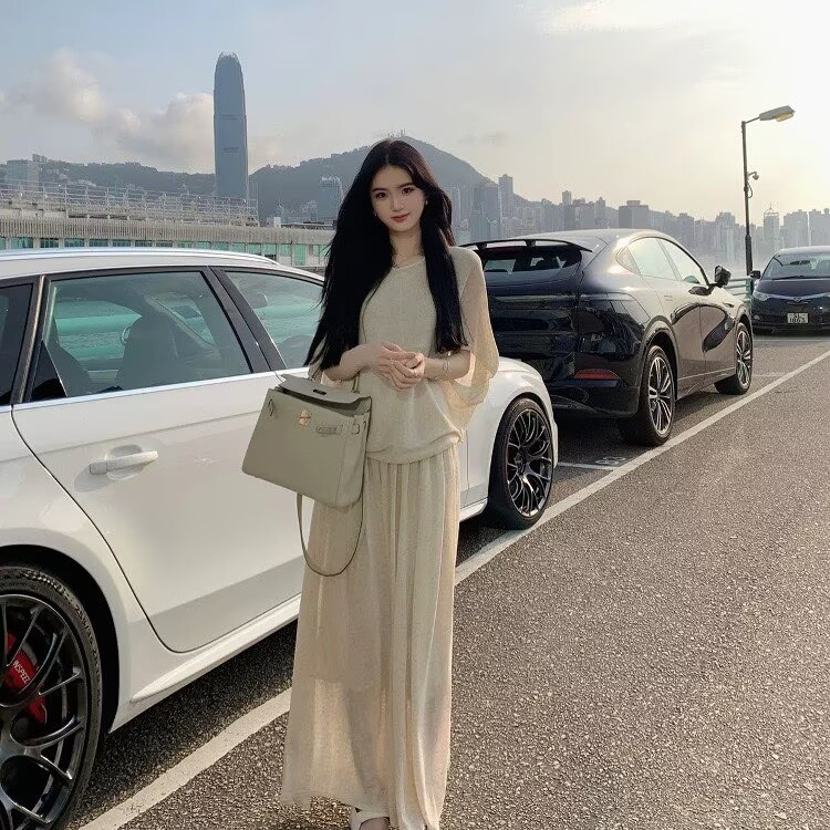 여름 새로운 예술 계열 품격 자매 통기성 아마 주간 실크 반신 롱 스커트 세트