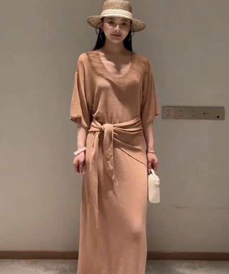 2026 슈퍼 화재 여름 ootd 착용 가져 가라. 전체 집합 프랑스식 V넥 니트 드레스 스택 착용 숄 투피스 슈트