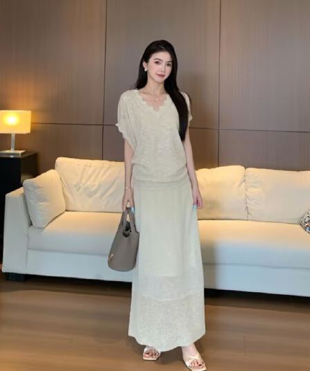 청 산소 부드러운 실 느긋한 느슨함 센스 물결무늬 칼라 품격 세트 통기성 얇은 스타일 슬림해 보이는 롱 스커트 투피스 세트