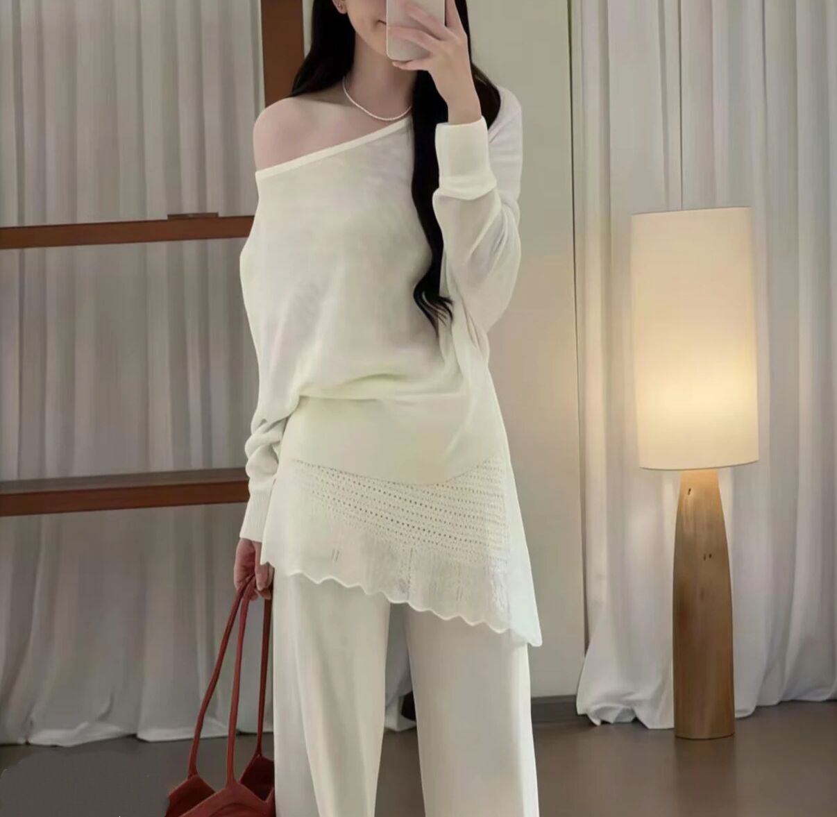 2026 여름 새로운 여성 한 부서 착용 가져 가라. 오프숄더 긴팔 맨위 하이웨이스트 슬림해 보이는 페이크 레이어드 넓은 다리 길이 바지