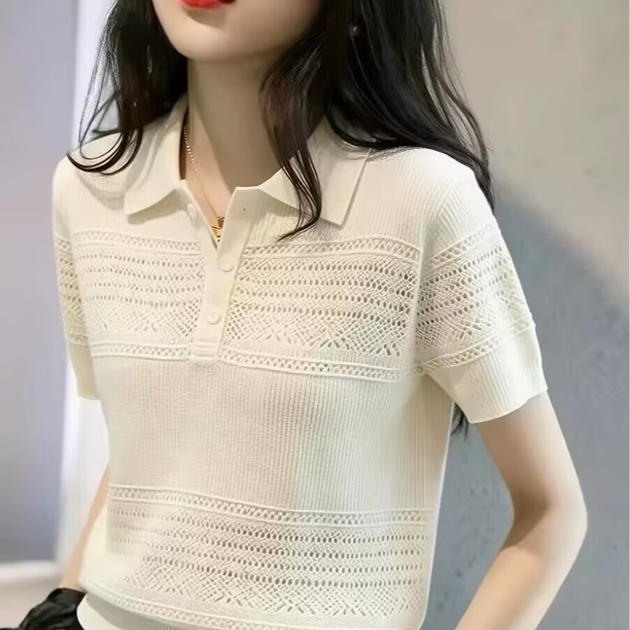 미니멀리즘 작은 대중 캐주얼 바람 폴로 칼라 반팔 니트 스웨터 여성 회색 슬림해 보이는 다용도 출퇴근 품격 디자인 센스 맨위