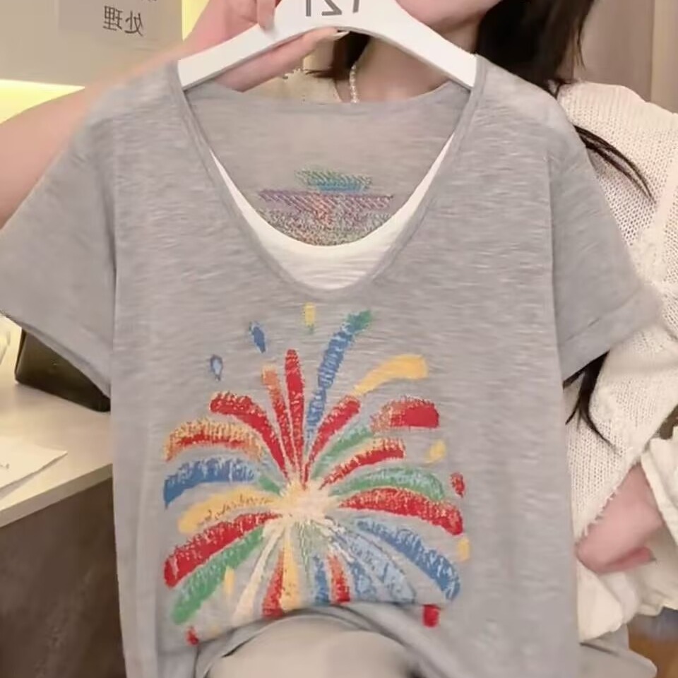 패션 새로운 라운드 넥 가짜 두 조각 니트 불꽃놀이 그림 반팔 캐주얼 루즈핏 풀오버 맨위 여성