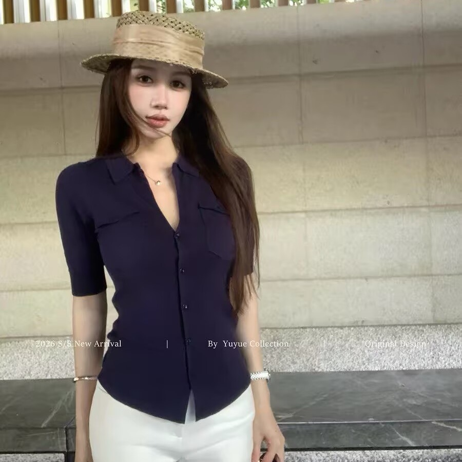 단색 폴로 칼라 긍정적 인 어깨 중간 소매 모직물 여성 셔츠 여름 한 부서 몸매 가꾸기 미니멀리즘 다용도 맨위