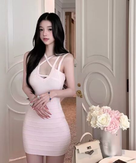 사쿠라 네트워크 포장 스타 세트 염색 Tulle 사쿠라 꽃가루 순수한 욕망 섹시함 몸매 가꾸기 붕대 타이트 스커트 여성 드레스