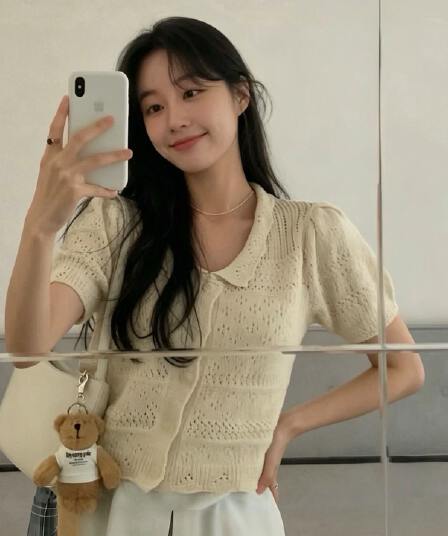 한국 chic 패션 홀로우 아웃 귀여운 작은 레이스 베이비 칼라 반팔 니트 스웨터 여성 프랑스식 품격 우아함 맨위