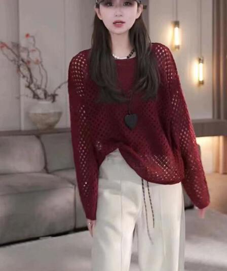 단색 이른 가을 새로운 니트 스웨터 여성 홀로우 아웃 인터넷 셔츠 긴팔 풀오버 캐주얼 외국 가스