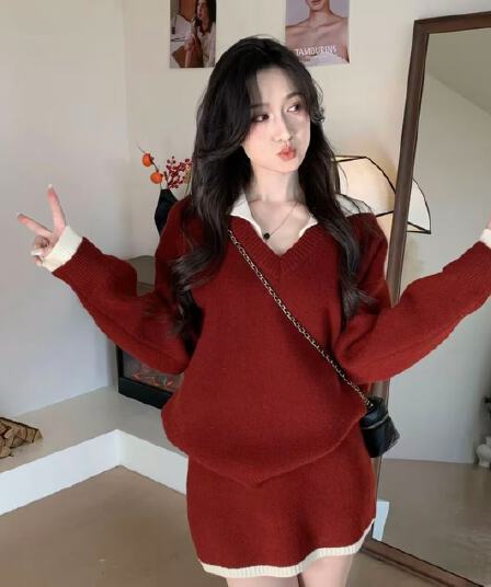 2026 슈퍼 화재 고유 한 아름다운 가을 겨울 의류 전체 집합 띠띠해 신년 빨간색 스웨터 반신 스커트 투피스 슈트
