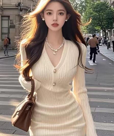 작은 샤넬 스타일 니트 여성 드레스 봄 가을 새로운 품격 명문 여성 V넥 허리 수축 슬림해 보이는 타이트 스커트 미니 스커트 겨울 만나는
