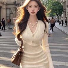 批发小香风针织连衣裙女<b class='q'>春</b>秋新款气质名媛V领收腰显瘦包臀短裙冬打底