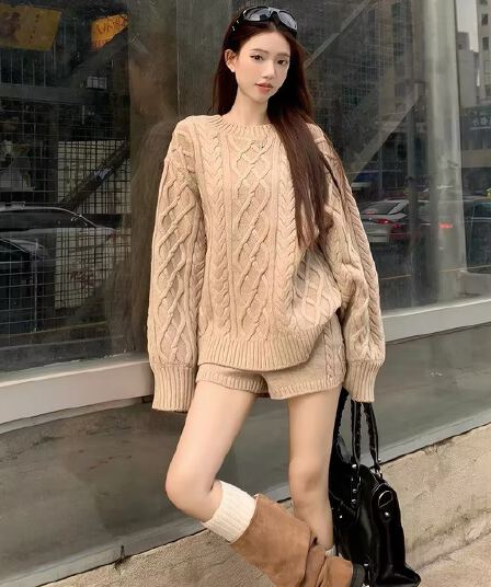 한 부서 캐주얼 루즈핏 꽈배기 스웨터 세트 여성 봄 가을 새로운 느긋한 니트 스트레이트 하이웨이스트 반바지 투피스 세트