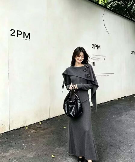 한 부서 디자인 센스 3 차원 꽃 긴팔 니트 스웨터 여성 가을 겨울 불규칙 망토 숄 세트