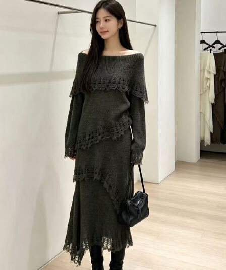 2026 년 새로운 프랑스식 품격 Chic 요정 바람 보트넥 스웨터 슬림해 보이는 이른 가을 세트 드레스