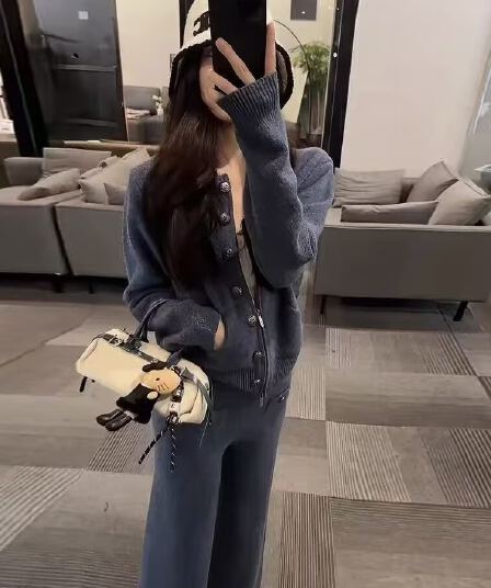 한 부서 오래된 돈 바람 니트 세트 여성 가을 겨울 착용 가져 가라. 전체 집합 고급 센스 스웨터 오픈 가디건 와이드 레그 팬츠 투피스 세트