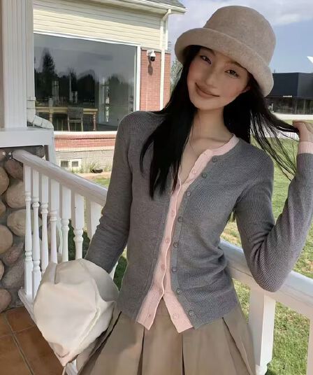 한 부서 페이크 레이어드 패치워크 색상 양모 니트 오픈 가디건 여성 가을 허리 수축 슬림해 보이는 긴팔 맨위