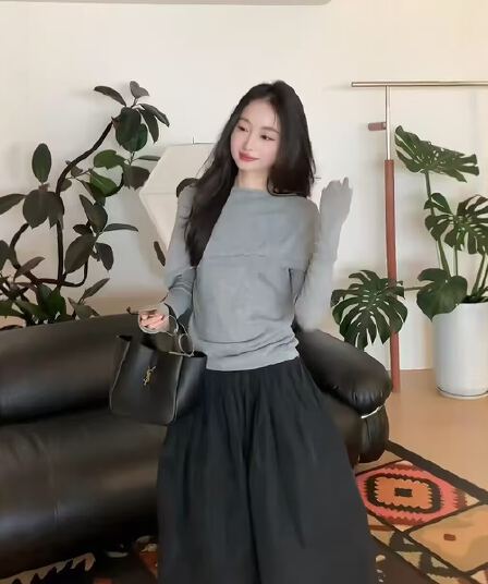 프랑스식 디자인 센스 페이크 레이어드 숄 긴팔 니트 스웨터 여성 하이웨이스트 퍼프 반신 치마 세트