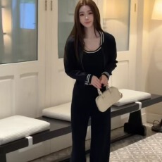 批发美式甜心少女感针织背心+开衫外套+针织阔腿裤三件套
