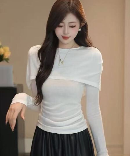 부드러운 한 부서 페이크 레이어드 숄 니트 스웨터 맨위 봄 가을 슬림해 보이는 몸매 가꾸기 긴팔 기본 셔츠