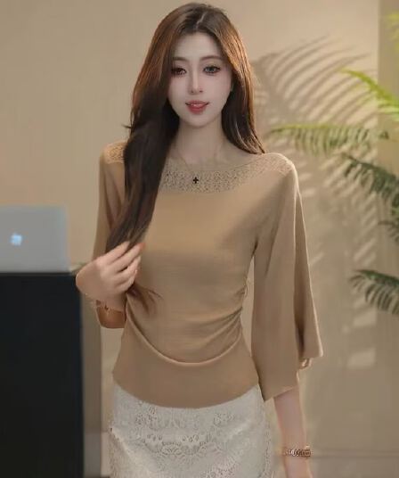 부드러운 품격 보트넥 배트윙 소매 니트 맨위 레이스 레이스 반신 스커트 여름 가을 착용 가져 가라.
